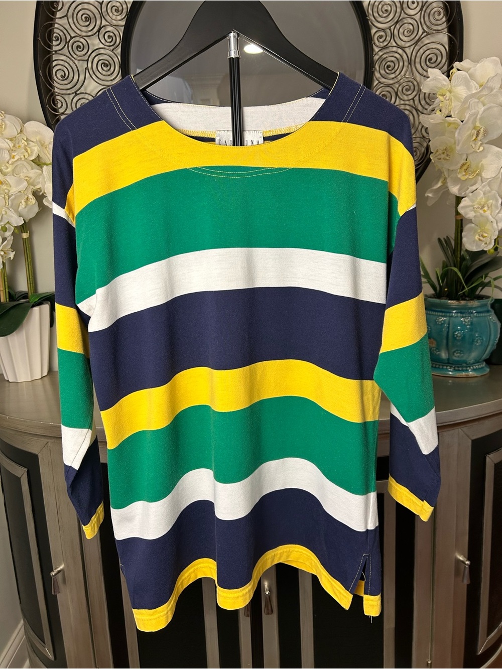Vintage Carolina Colours M Colorblock Striped Rugby Shirt Green Yellow Navy